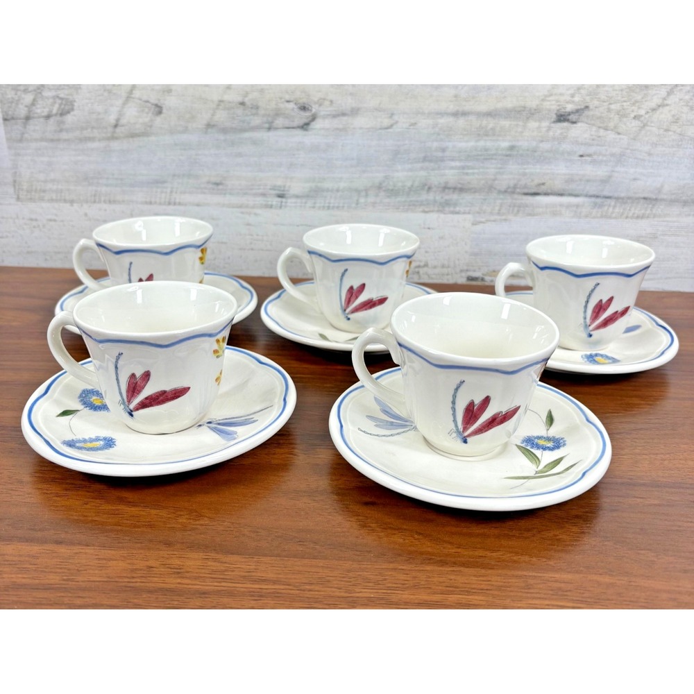 Vintage Longchamp France Ceramic Hand Painted Coffee Mugs‎ and Saucers 5 Sets